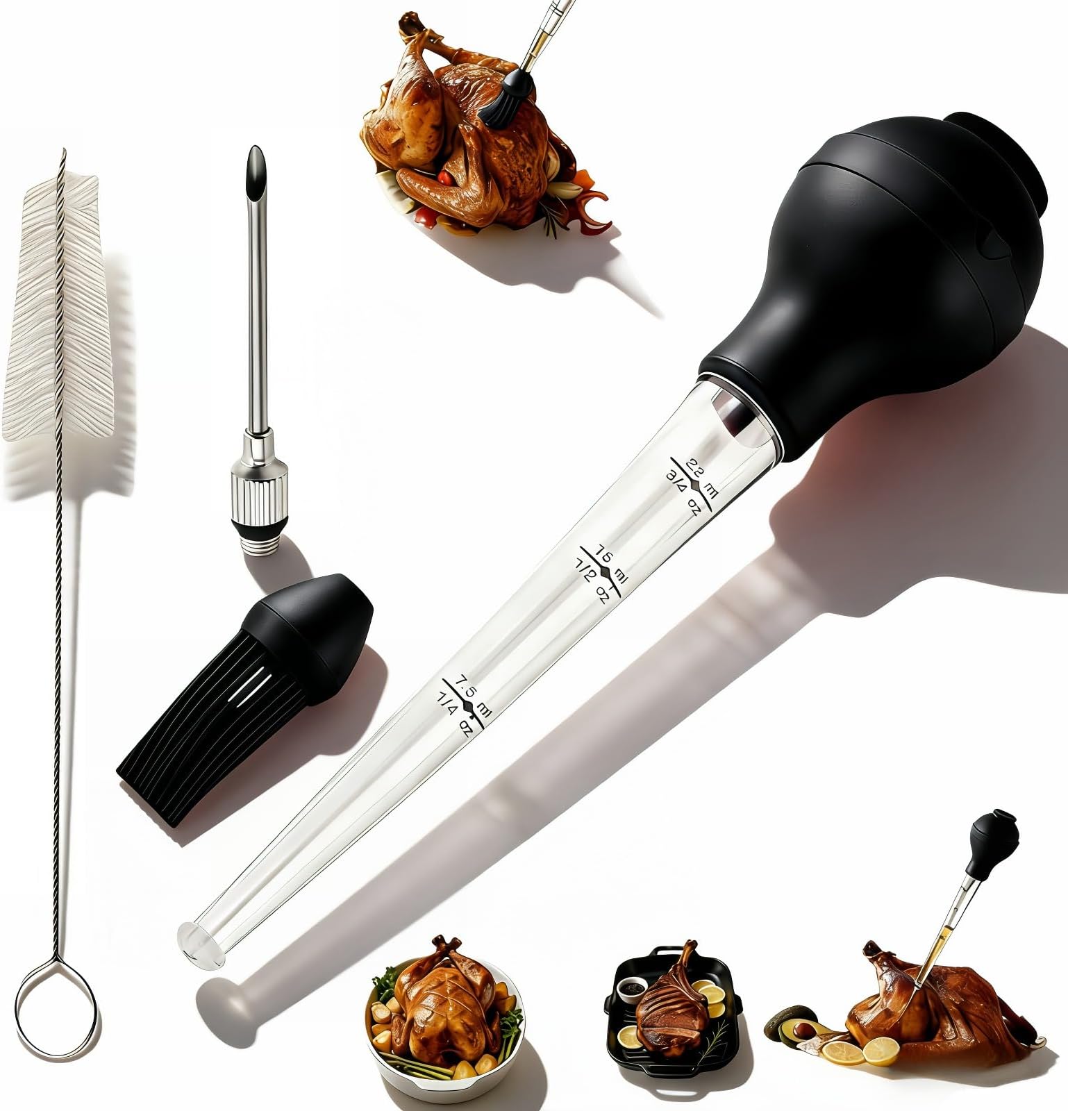 Turkey Baster with Cleaning Brush, Meat Injector Syringe with Detachable Silicone Bulb, 304 Stainless Steel Needle and Basting Brush for Roasting Chicken, 22ml Capacity (Black)