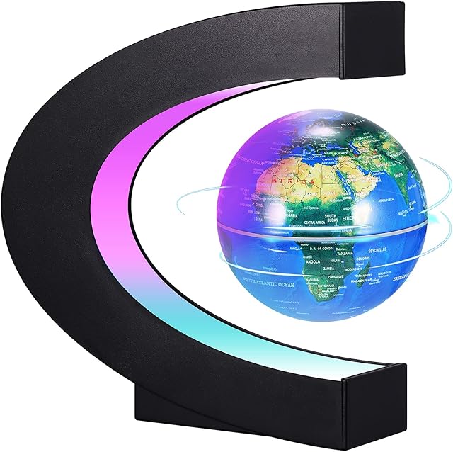Floating Globe with LED Lights, C Shape Magnetic Levitating Globe, Anti Gravity Rotating World Map for Home Office Study Desk Decoration, Cool Gadget Gifts for Kids Teens Men Women (BLUE)