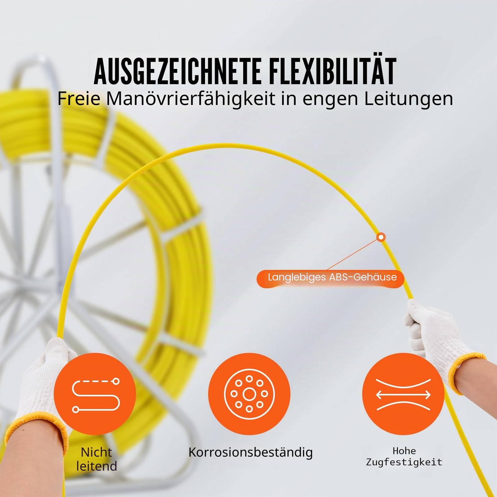 VEVOR Fiberglas Kabel Rad 150m Ø7,9mm Glasfaserstab inkl. Stahlhaspel Handschuhe Bremsgriff Metall-Zugköpfe Fischband -40℃ bis +80℃ Einziehhilfe Einziehband Einziehspirale