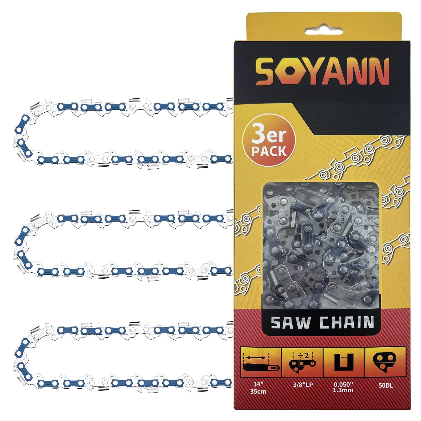 SOYANN3 x Saw Chains 35 cm 3/8 Inch LP 1.3 mm 50 TG, Chainsaw Chain with Independent Plastic Box, Replacement Chain Compatible with Stihl, Makita, Ferrex, Bosch, Dolmar etc.