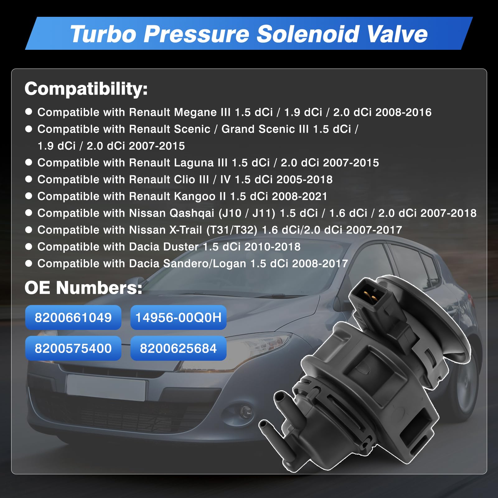 Baceyong Valvola di controllo pressione Turbo Boost 2 pin compatibile con Renault Nissan 1.5 2.0 dCi, Clio Megane Laguna Scenic Kangoo Master, Qashqai J10 J11, OE 8200661049 8200625684 14956-00Q0H