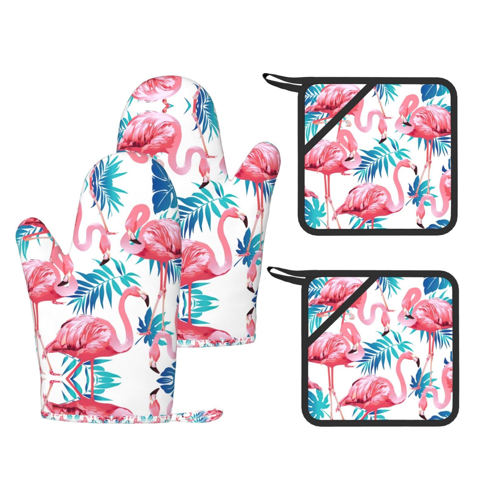 Flamingo bird Green Plant Leaf Trendy Printed Kitchen Set with Heat Resistant Gloves & Non-Slip Hot Pads for Baking & Grilling