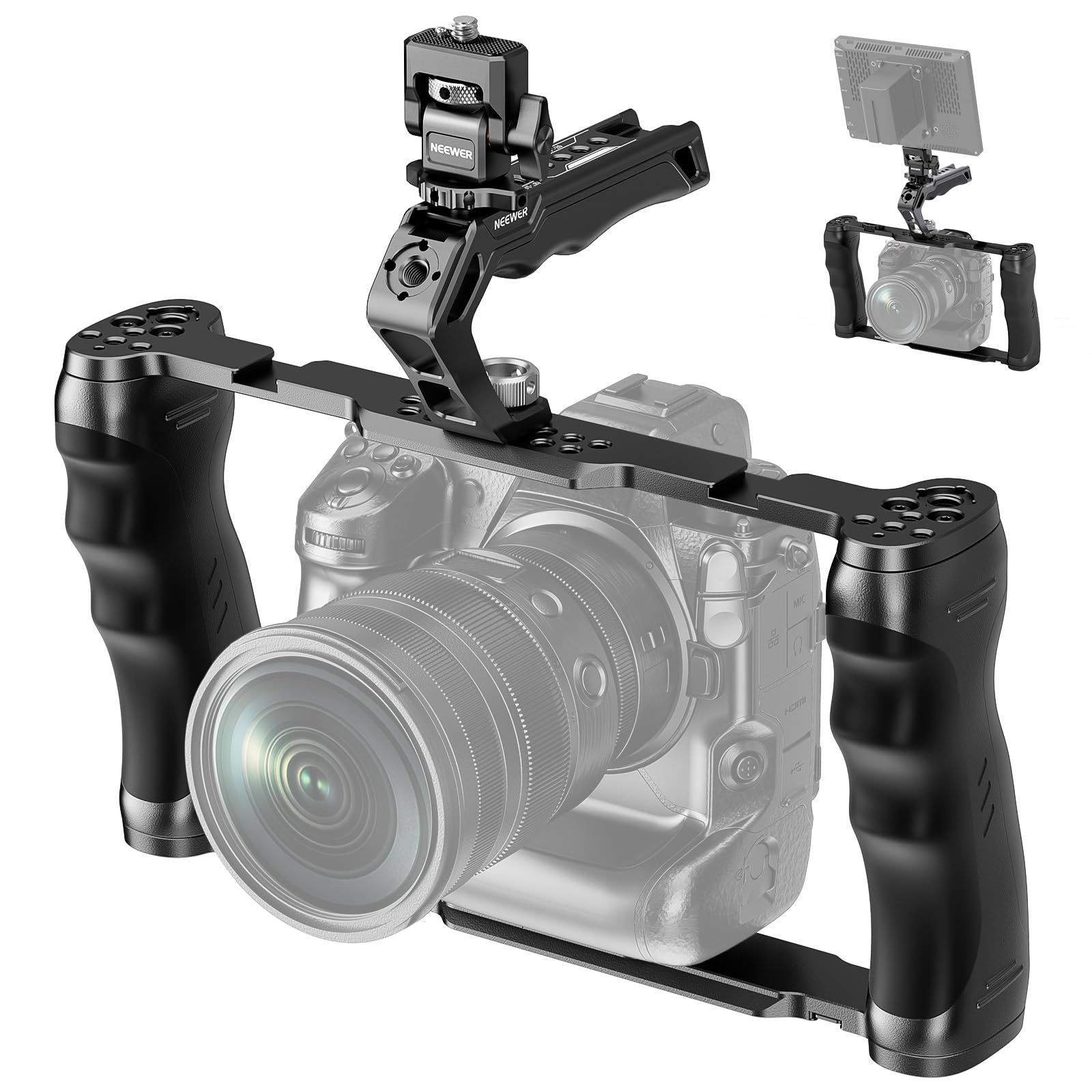 NEEWER Universal Camera Cage with Top Handle & Cold Shoe Monitor Mount, Arca Type Camera Gimbal Stabilizer Video Rig, Dual Handgrips & 3/8" for ARRI Compatible with SmallRig Accessories, CA016T+MA006