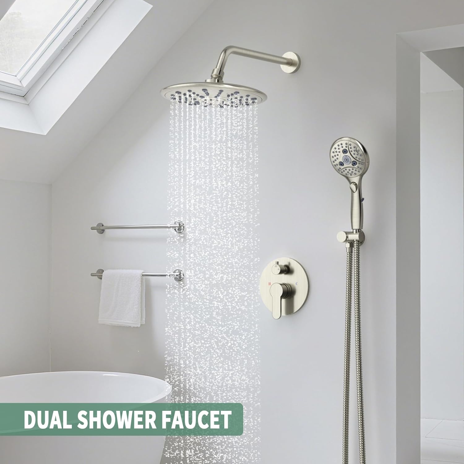 SunCleanse Shower System, Bathroom Rainfall Shower Faucet Set Complete with 7-Setting Handheld Shower Head Combo, Included Rough in Valve and Trim Kit, Brushed Nickel