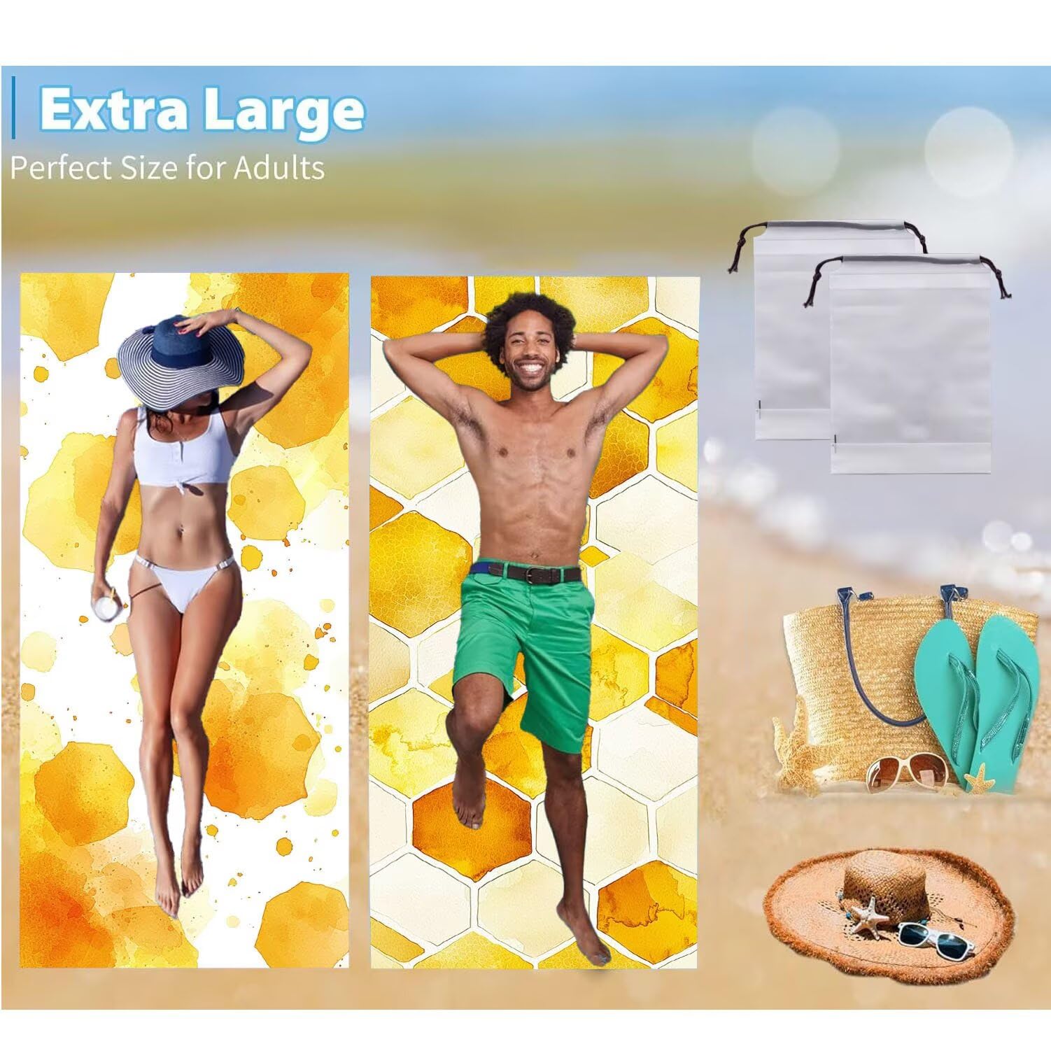 Ręcznik plażowy 90 x 200 cm, zestaw 2 dużych ręczników z mikrofibry szybkoschnący, chłonny, kompaktowy, ręcznik kąpielowy bez piasku letni koc plażowy damski do kąpieli prezent (żółta geometria) H-499