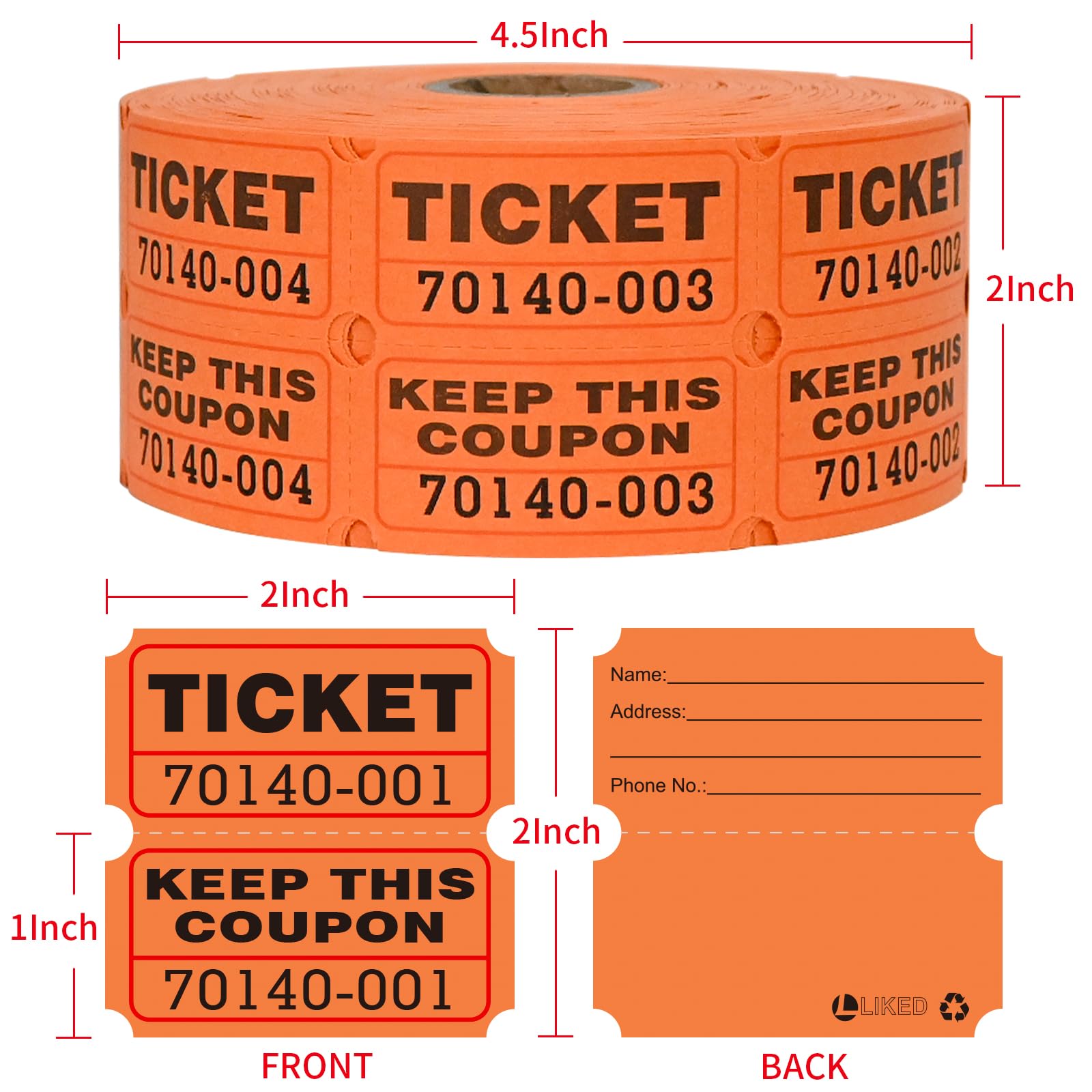 L LIKED Raffle Tickets Double Rolls 1000 per Roll 50/50 Raffle Tickets for Events Entry, Class Reward (Orange) - Image 3