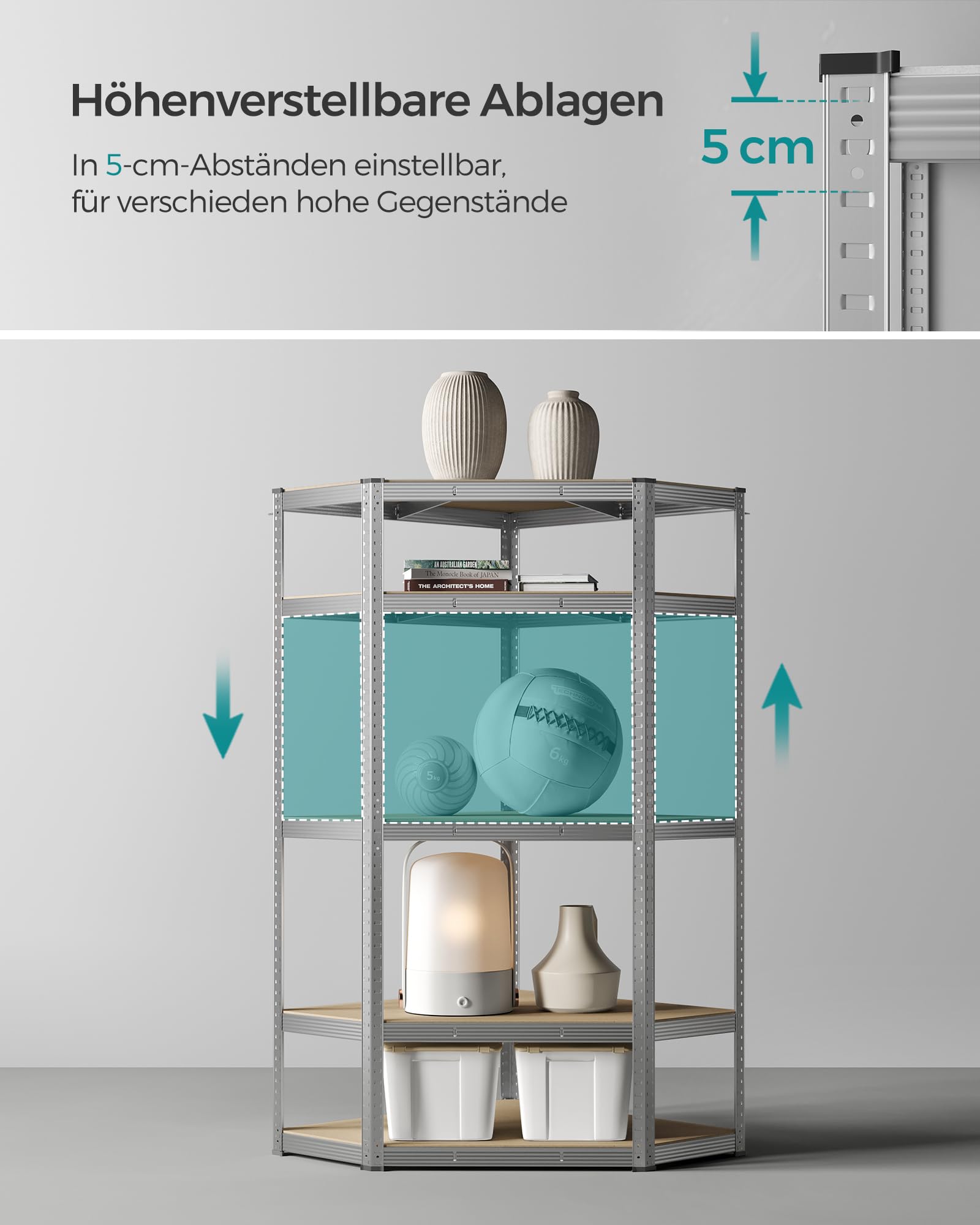 SONGMICS Eckregal 5 Ebenen, Schwerlastregal, Metall, Lagerregal für Garage, Abstellraum, Kellerregal, 1er Set（180 x 70 x 40 x 43 cm bis 875 kg belastbar, silbern-naturbeige GLR080E01
