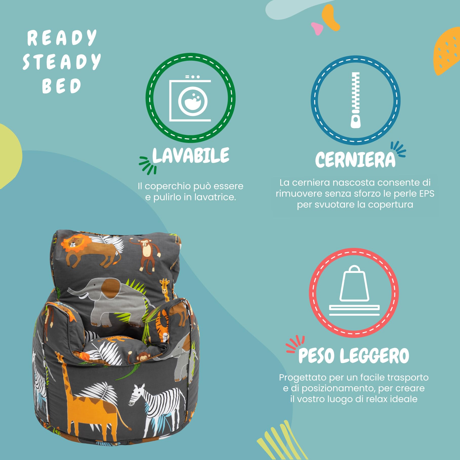 Ready Steady Bed Poltrona per bambini per i più piccoli | Comodi mobili per bambini | Sedia a sacco morbida per la stanza dei giochi | Beanbag a forma ergonomica (Africa)