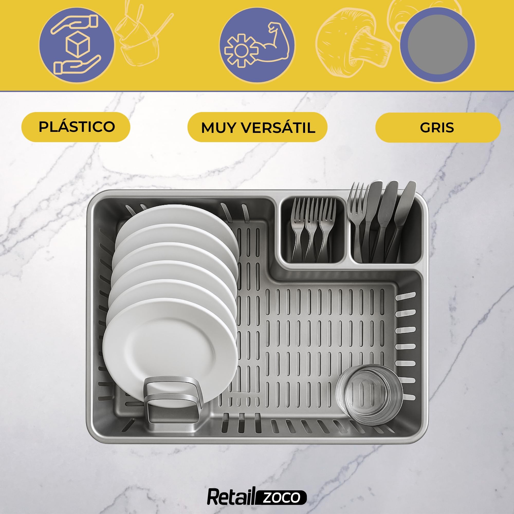 CHEFZOCO Escurreplato de plástico, Escurridor de Platos, Escurridor Fregadero de 2 módulos, con Bandeja Anti-Goteo, 45 cm de Ancho x 29.7 cm de Fondo x 8 cm de Altura, Gris