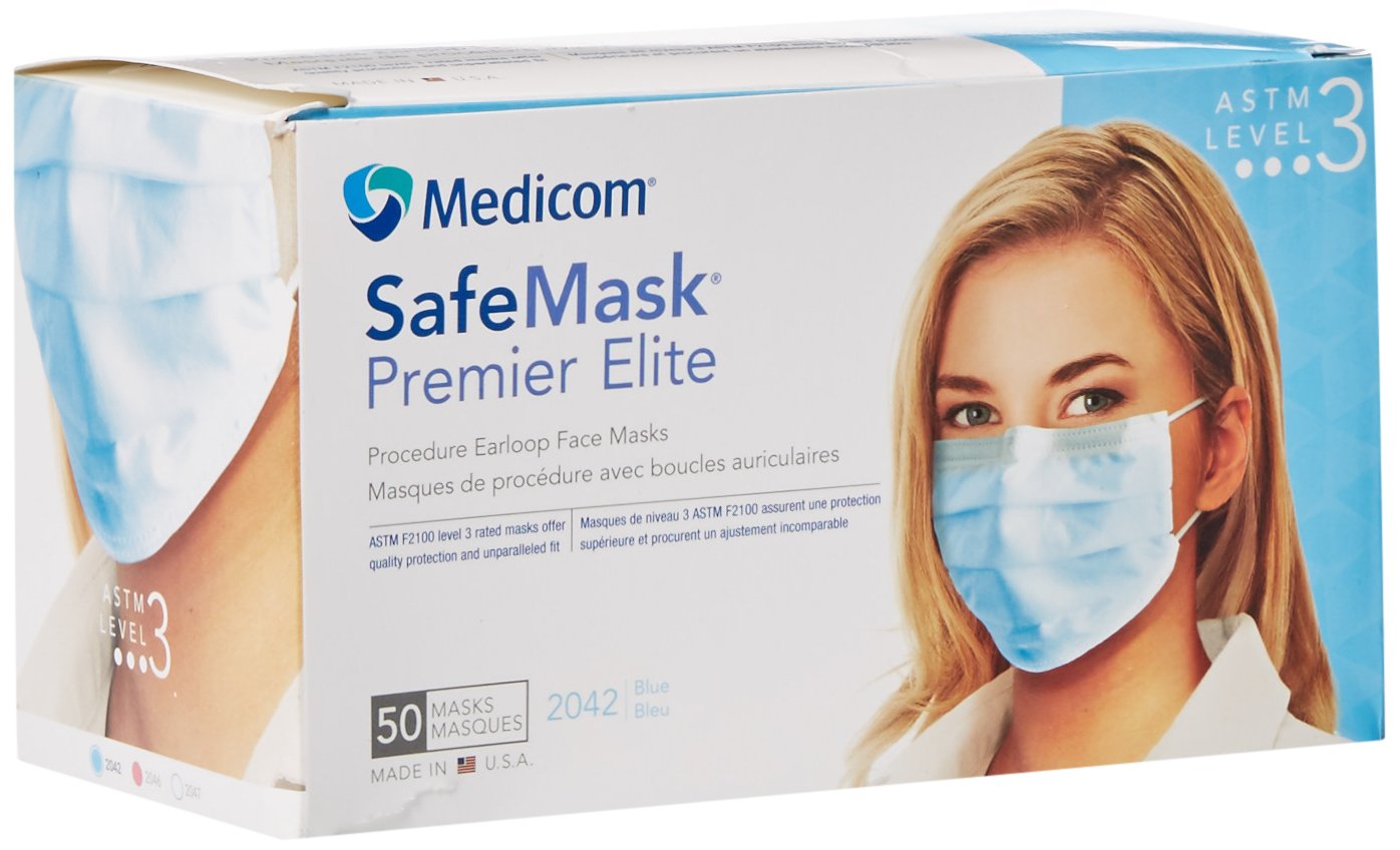 Medicom 2042 SafeMask Premier Elite Earloop Masks, Blue (Pack of 50)