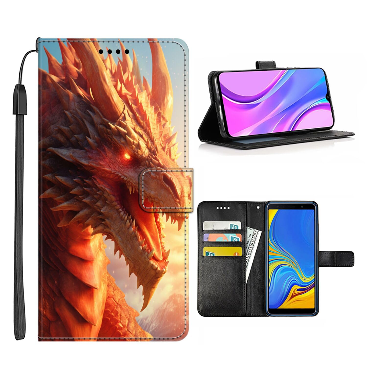 Wallet Case for Moto E5 E5 Play E6 E6S E6 Play E4 Plus E7 E7 Power E7 Plus S30 Pro with Dragon-BL1476 Design PU Leather Flip Folio Kickstand