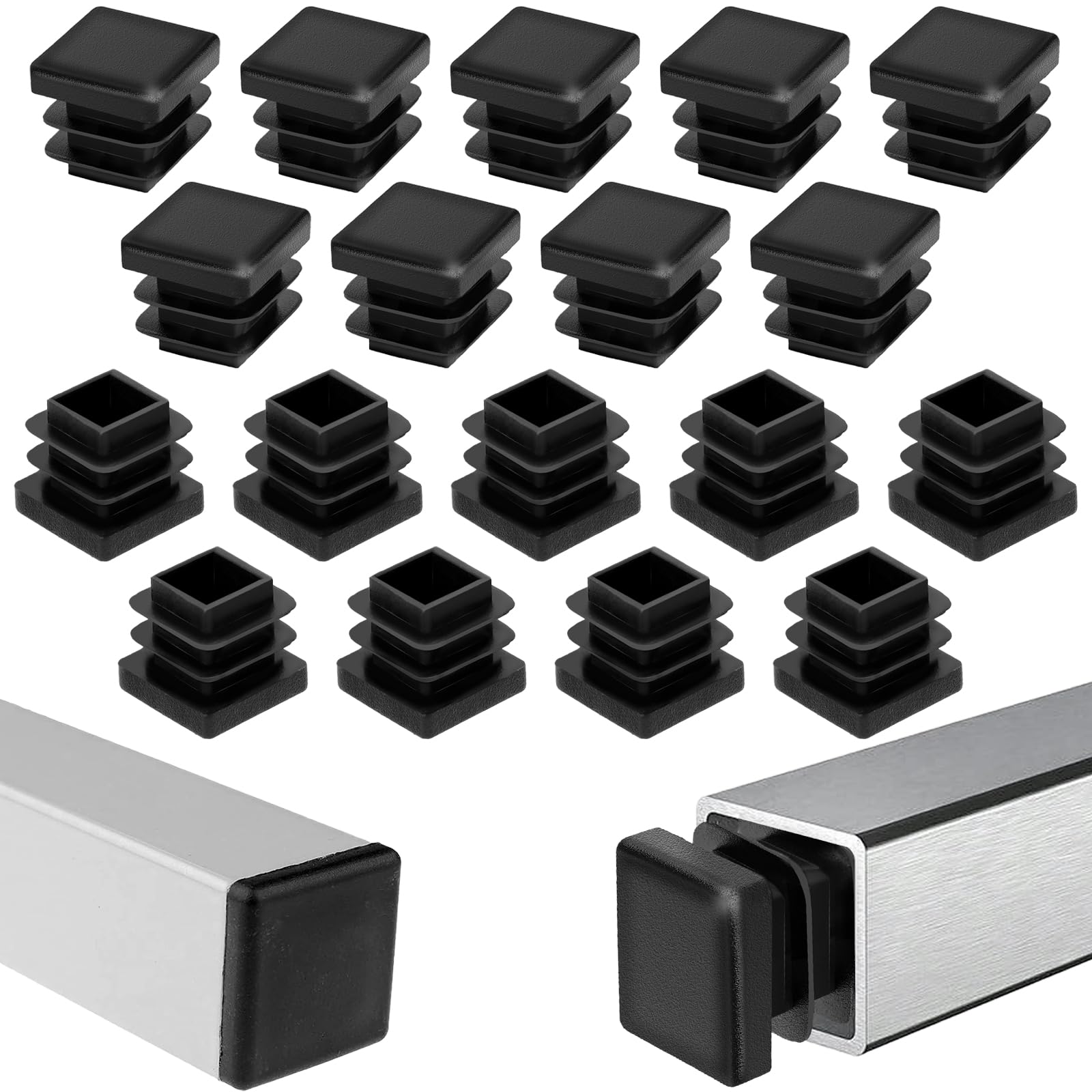 20 Piezas de Taponas para Tipos 15x15 mm, Tapones Negros para Patas de Sillas, Tapones Sillas Patas Cuadradas, Adecuadas para Barandas, Sillas, Sofás, Mesas, Estantes