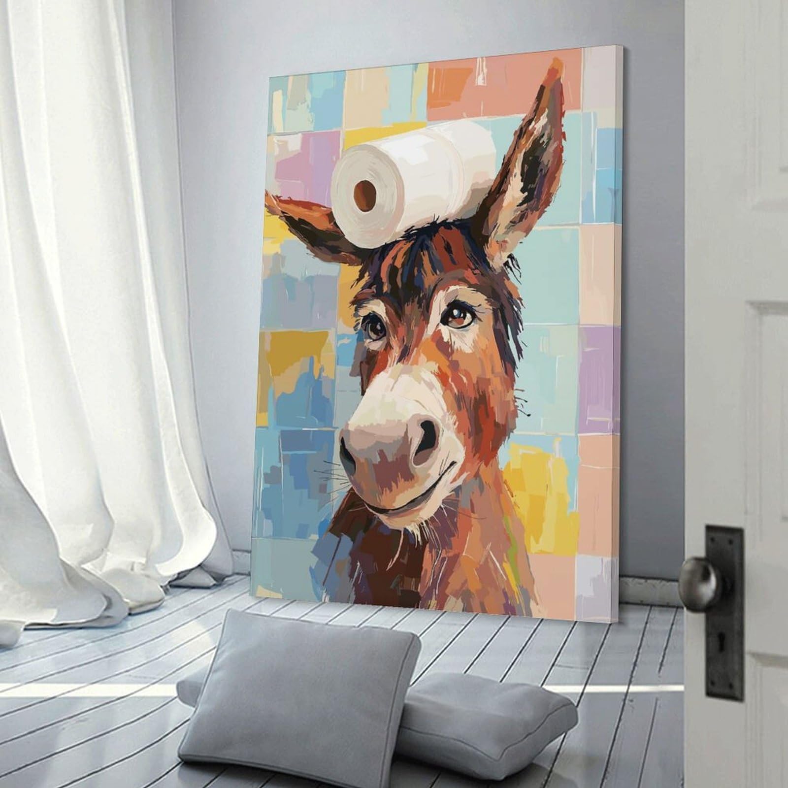 Junmoney Frame-Style-11 Canvas Art Print Donkey With Toilet Paper On Head, 20X30inch(50X75cm), For Office, Study Or Home Workspace, Wall Art That Adds Style To Work Areas