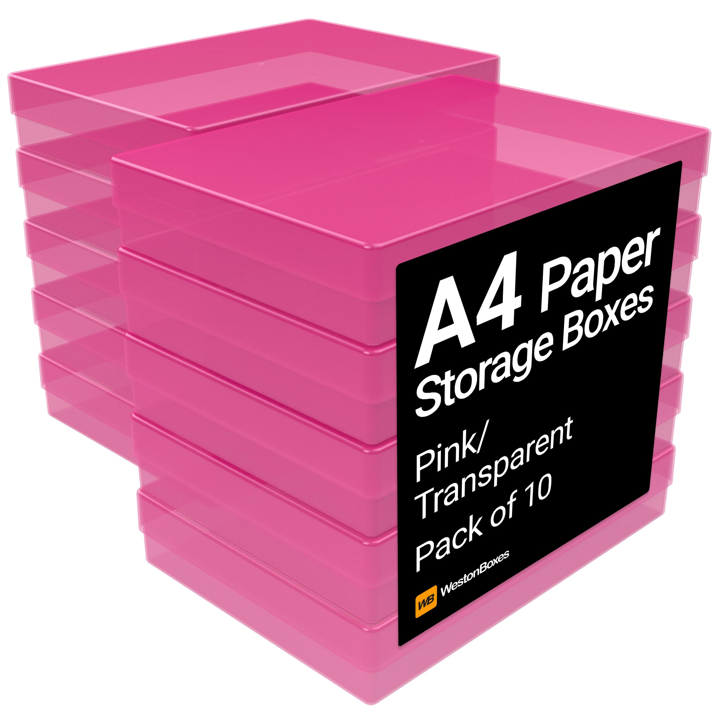WestonBoxes A4 Colourful Transparent Plastic Craft Storage Boxes with Lids for Art Supplies, Paper and Card (Pink/Transparent, Pack of 10)