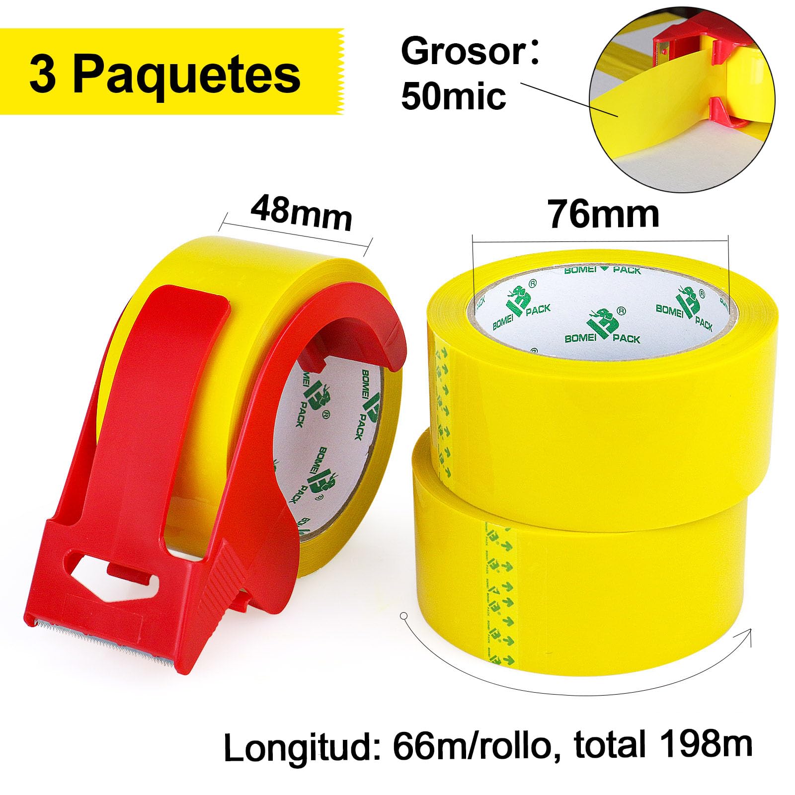 BOMEI PACK 3 Rollos 48mmx66m Amarillo Cinta Adhesiva de Embalar para Embalaje de Cajas de Cartón de Envíos y Mudanzas. Precinto para Empaquetados Resistentes