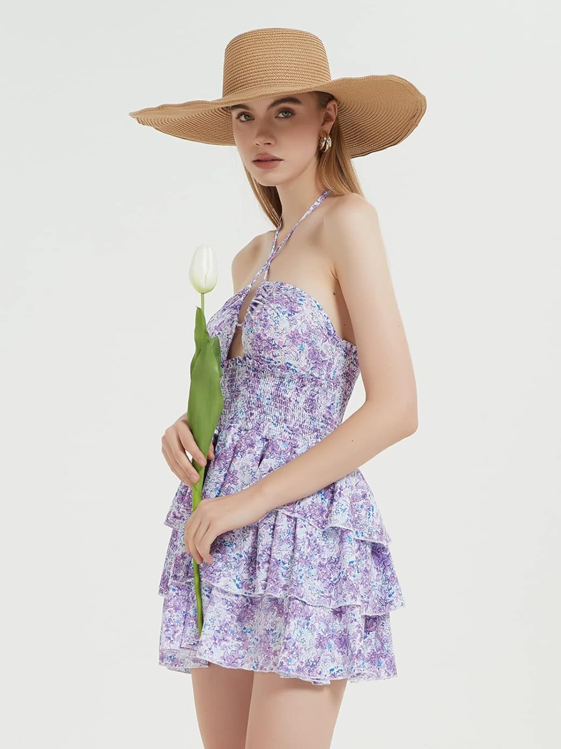 Mebius Womens Floral Mini Dress Summer Criss Cross Halter Backless Preppy Smocked Waist Short Ruffle Dress Picnic Beach - Image 5