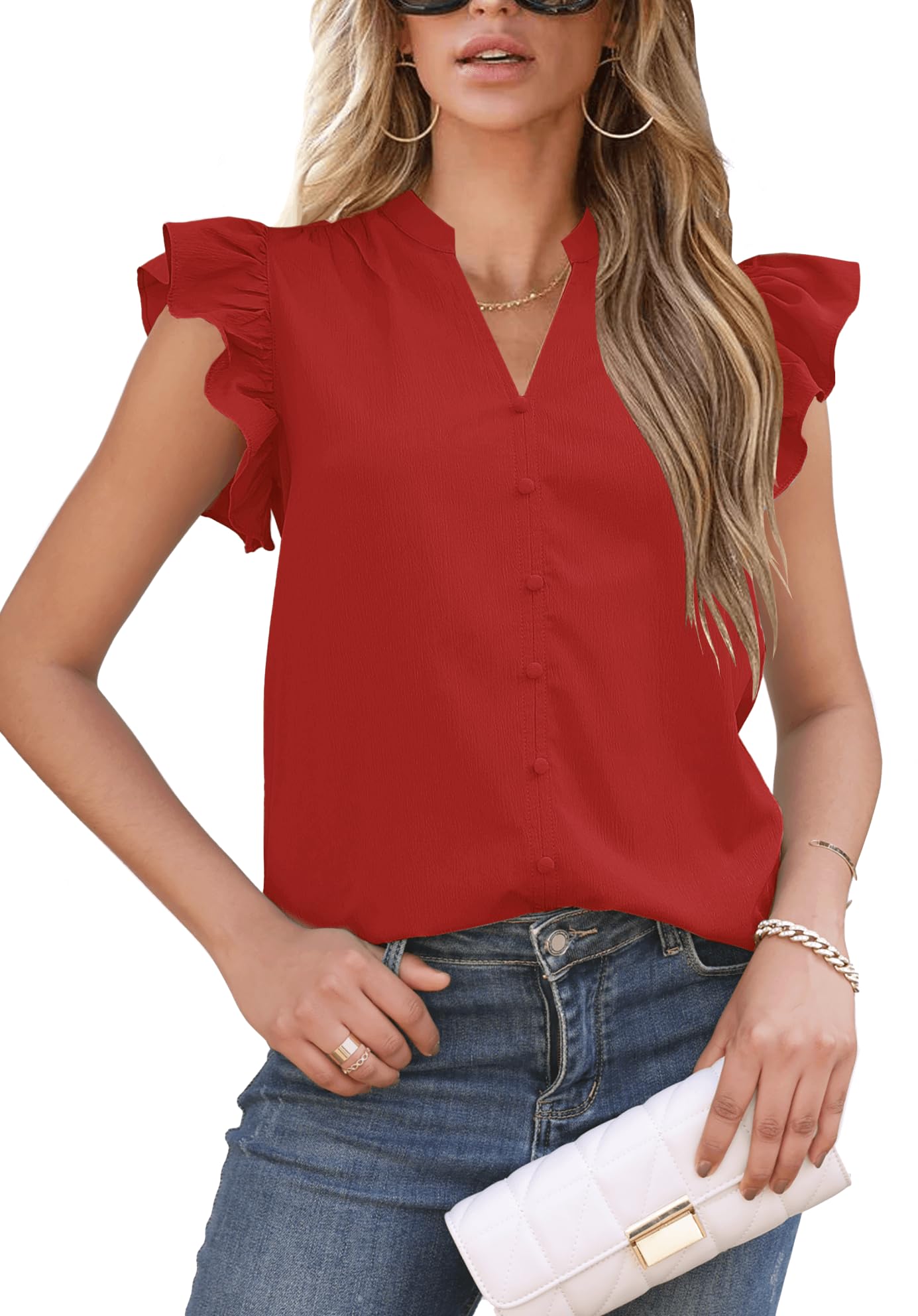 Aifer Womens Collared V Neck Dressy Casual Blouses Puff Short Sleeve Shirts Trendy Summer Tops 2025