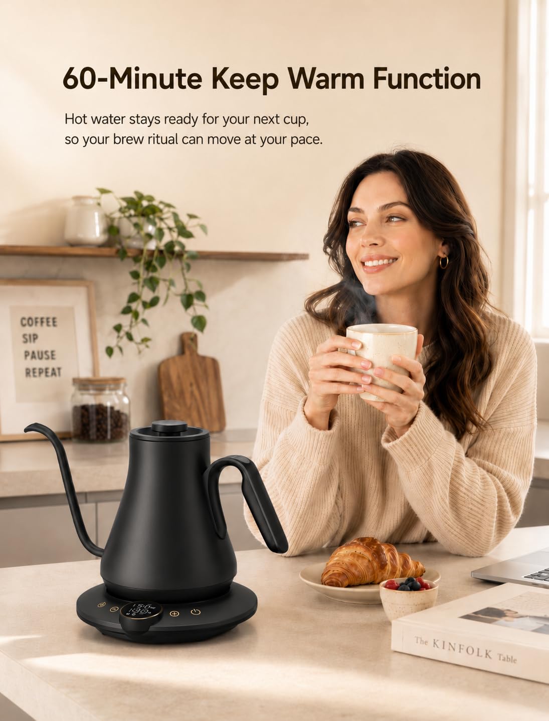 Cocinare Hervidor eléctrico de cuello de cisne, control preciso de temperatura, calentamiento rápido de 1500 W, hervidor de café y té con temporizador de preparación y mantiene el calor, acero