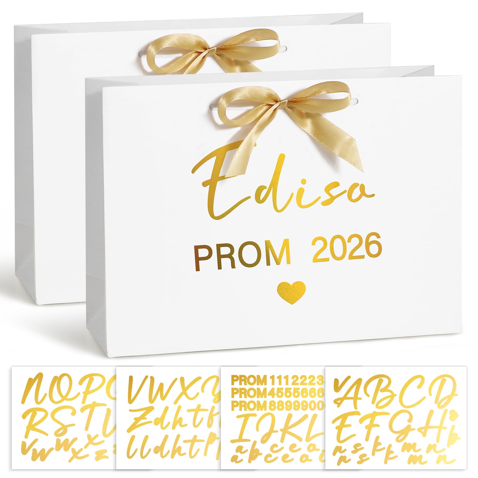 DOORIO Prom 2026 Gift Bags 2 Pack Graduation Gift Bags with Ribbons Personalised Stickers Class of 2026 School Leavers Gift Bags for Graduation Party Prom Night Decorations (White Gold)
