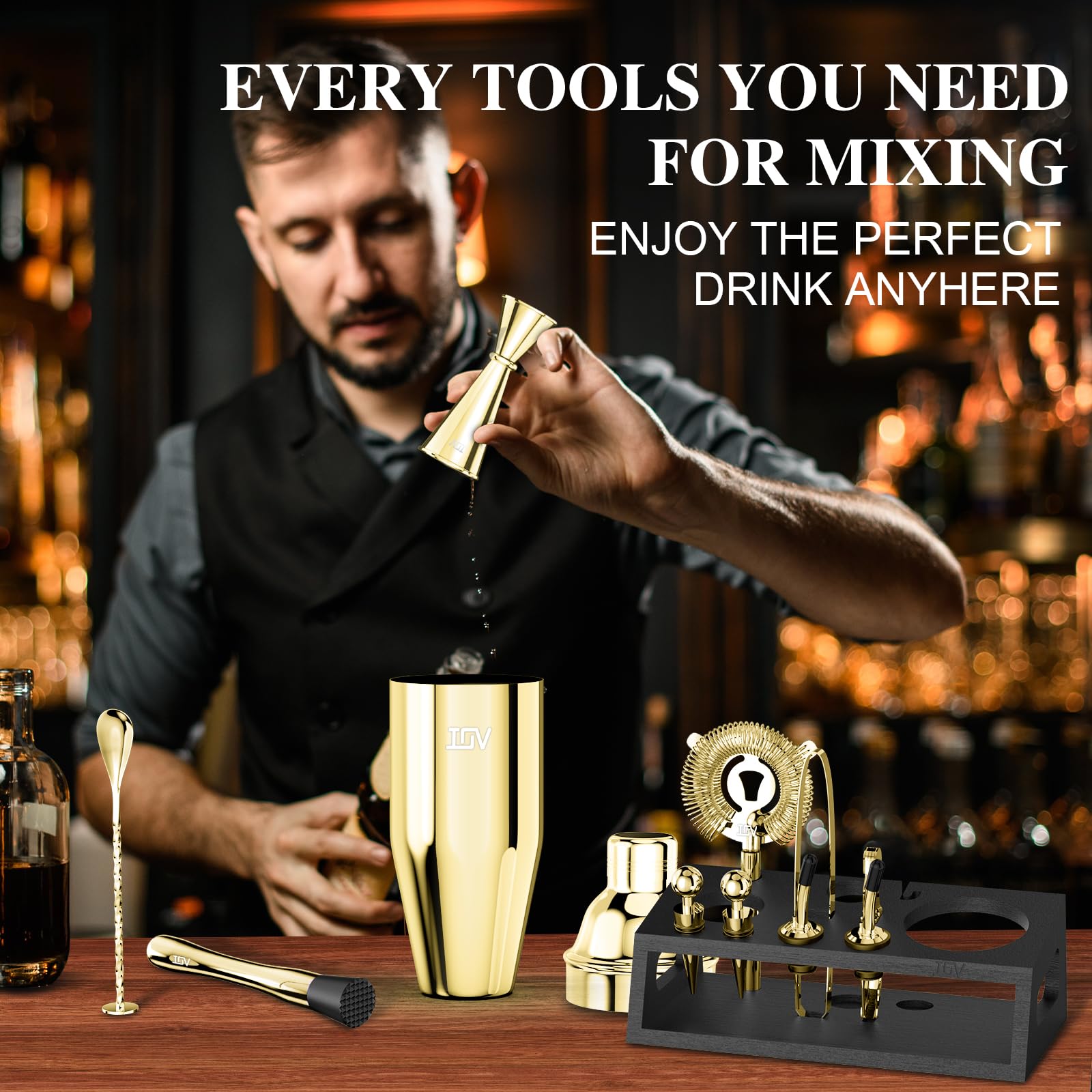 IOV Mixology - Kit da barista con supporto, set da 12 shaker per cocktail, shaker per martini da 680,4 g, per mescolare bevande, set da bar include tutti gli strumenti da bar e il libretto di ricette,