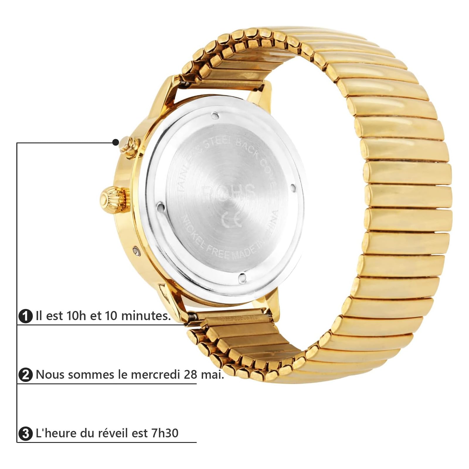 Montre parlante Anglaise pour Homme et Son Fort, Annonce l'heure | Annonce en français + réglages vocaux, alarme et carillon horaire adaptés aux seniors et malvoyants