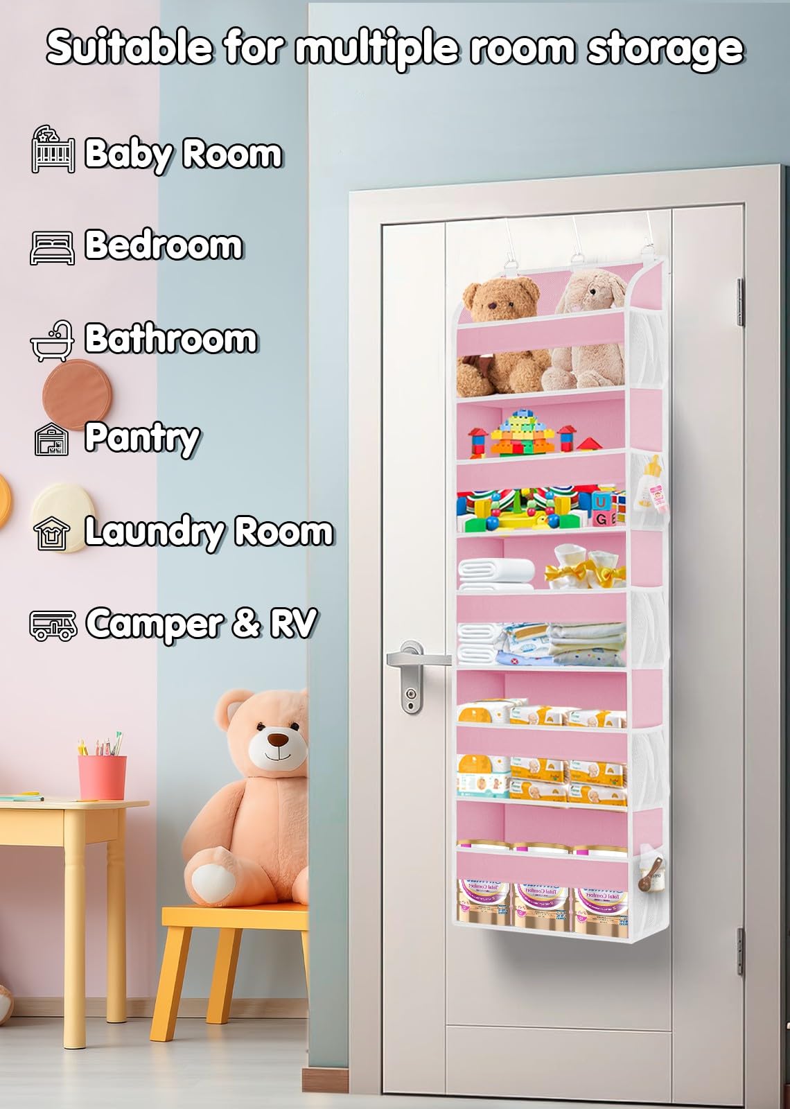 TAHAVICE Baby Over Door Storage with 5 Pockets, Hanging Storage with Hooks, Back of Door Storage for Bedroom Bathroom - Image 4