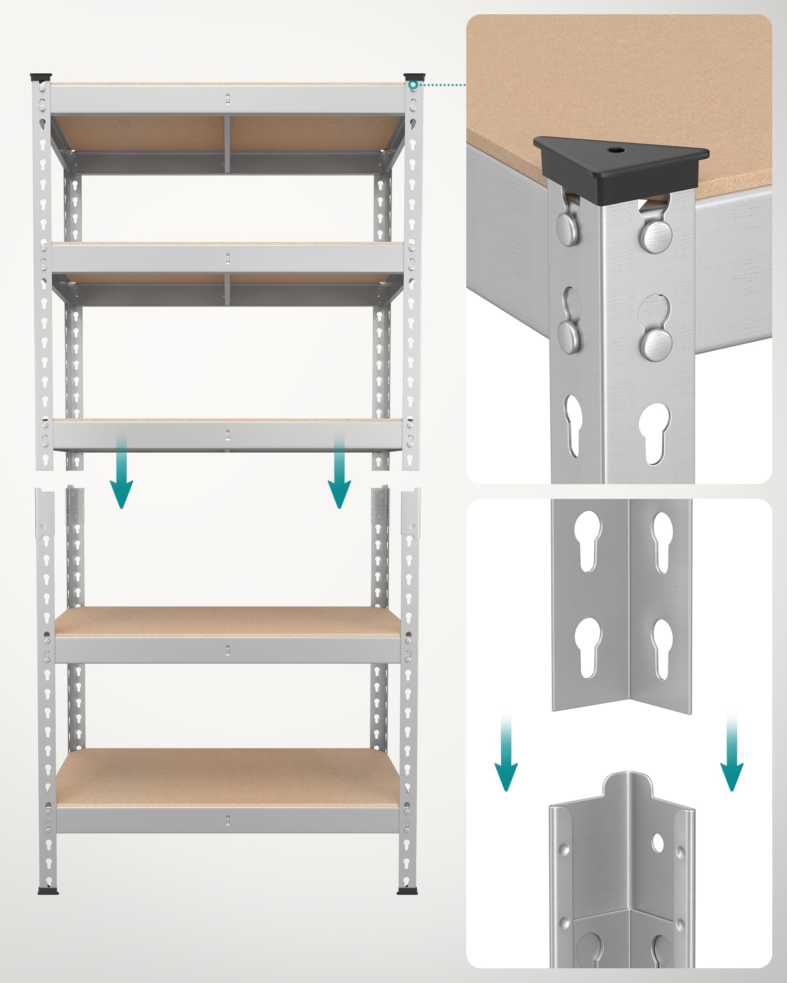 SONGMICS Schnelle Montage, Schwerlastregal, Standregal, Lagerregal, Küchenregal, Regal, 5 Ablagen, 30 x 75 x 150 cm, bis 875 kg belastbar, für Keller, Küche, Arbeitszimmer, silbern GLR300E01