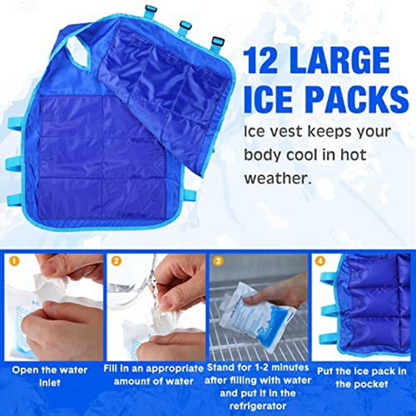 rieder Chaleco refrigerante de 4 piezas con bolsa de hielo de 96 piezas, chaleco de hielo ajustable para hombres y mujeres, trabajo en climas cálidos, pesca, ciclismo