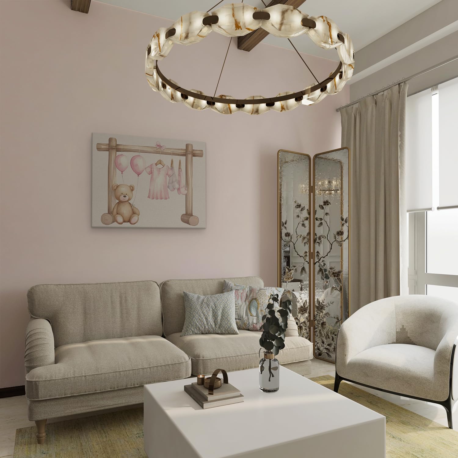Artaza Leinwand Bilder Baby Mädchen Kleidung Rosa - 80x60 cm - Wanddeko Kinderzimmer - Wandbilder Teddybär - Deko Luftballons - Rosa