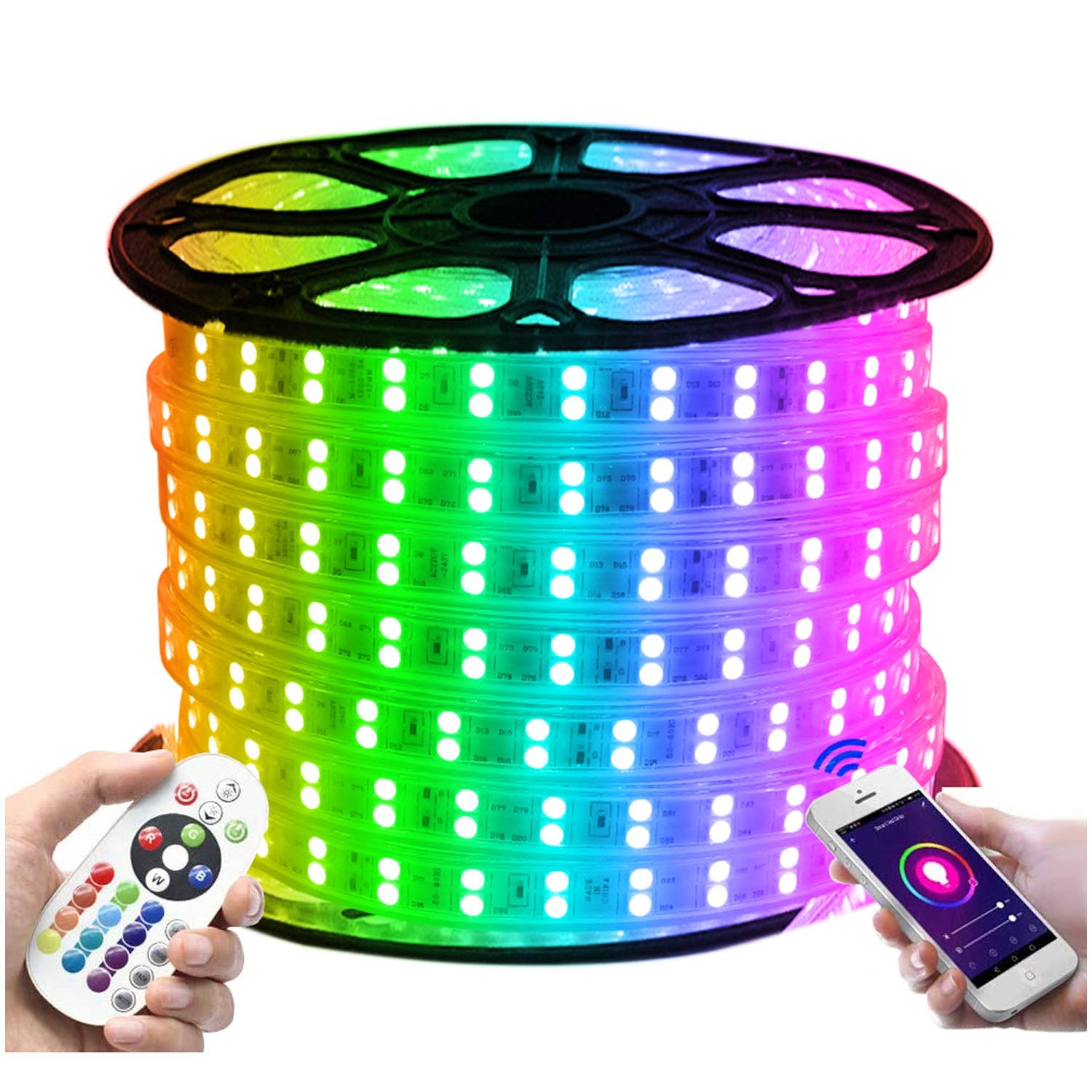 XUNATA Tira de LED WiFi RGB 220V, Impermeable y Flexible, Música Teléfono Inteligente / 1500W Control Remoto/Aplicación Alex Google Assistant (15 metros, 120LEDs/m)