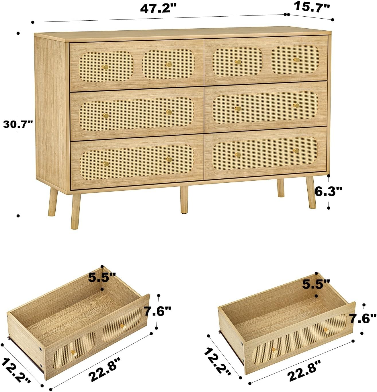 Rattan Dresser for Bedroom, Boho 6 Drawer Double Dresser with Gold Handles, Natural Wood Storage Dressers & Chest of Drawers, 6 Drawer Dressers