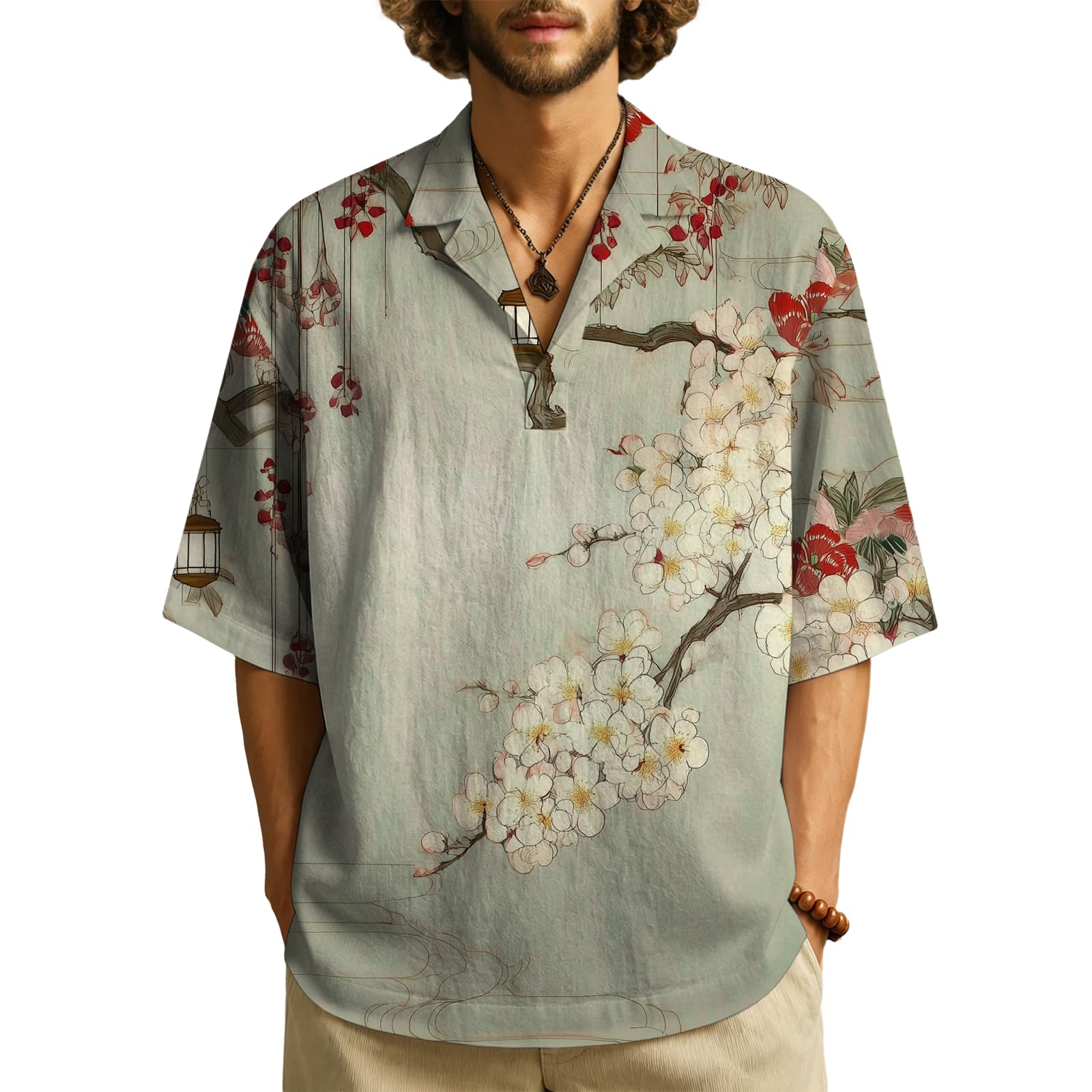 Mens Casual Shirts Floral Summer Short Sleeve V Neck Cuban Collar Pullover Summer Beach Tops XX-Large Soft Floral