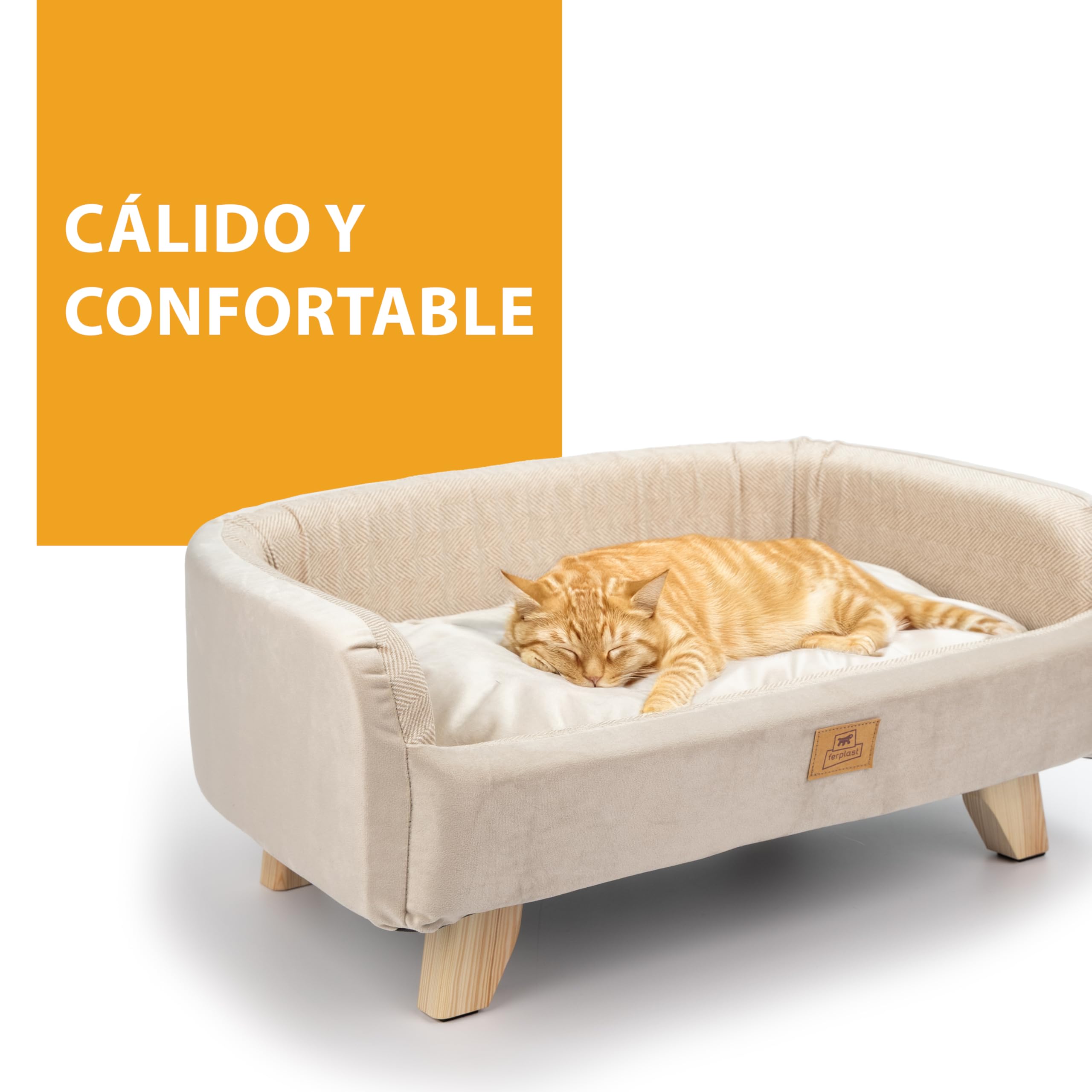 Ferplast Cama para Perros y Gatos de Madera certificada FSC® con cojín Suave, Estilo, Comodidad y Durabilidad, 62 x 45 x h 26 cm.