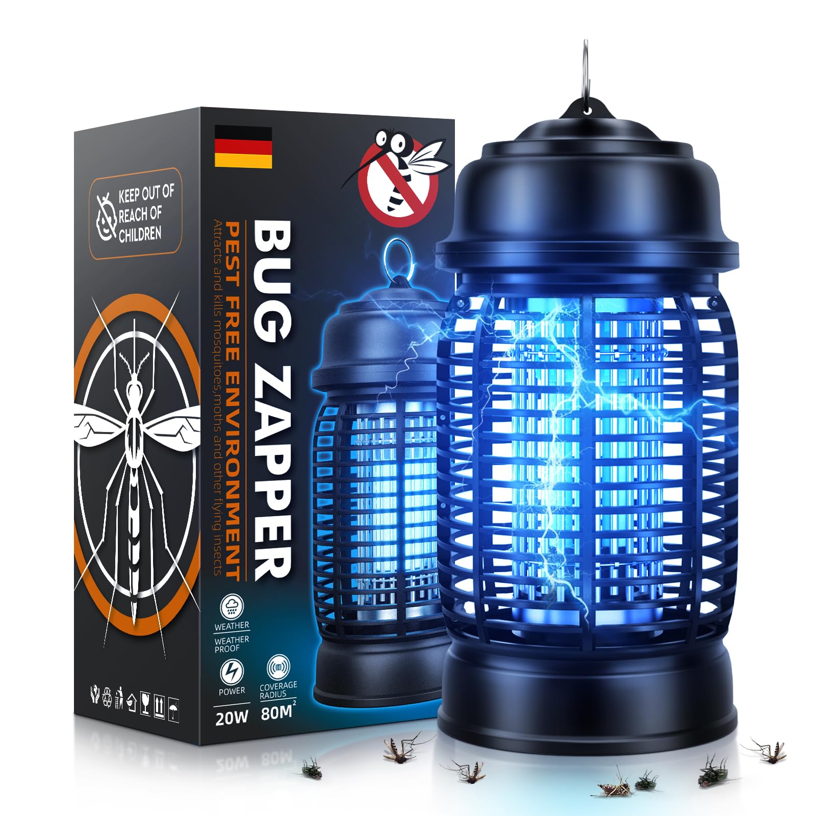 Insektenvernichter Elektrisch, 20W UV Mückenlampe, Insektenfalle Elektrisch Mückenfalle, IPX4 Wasserdicht Mosquito Kille, Anti Mücken Lampe für Innen Outdoor Schlafzimmer Haus Garten