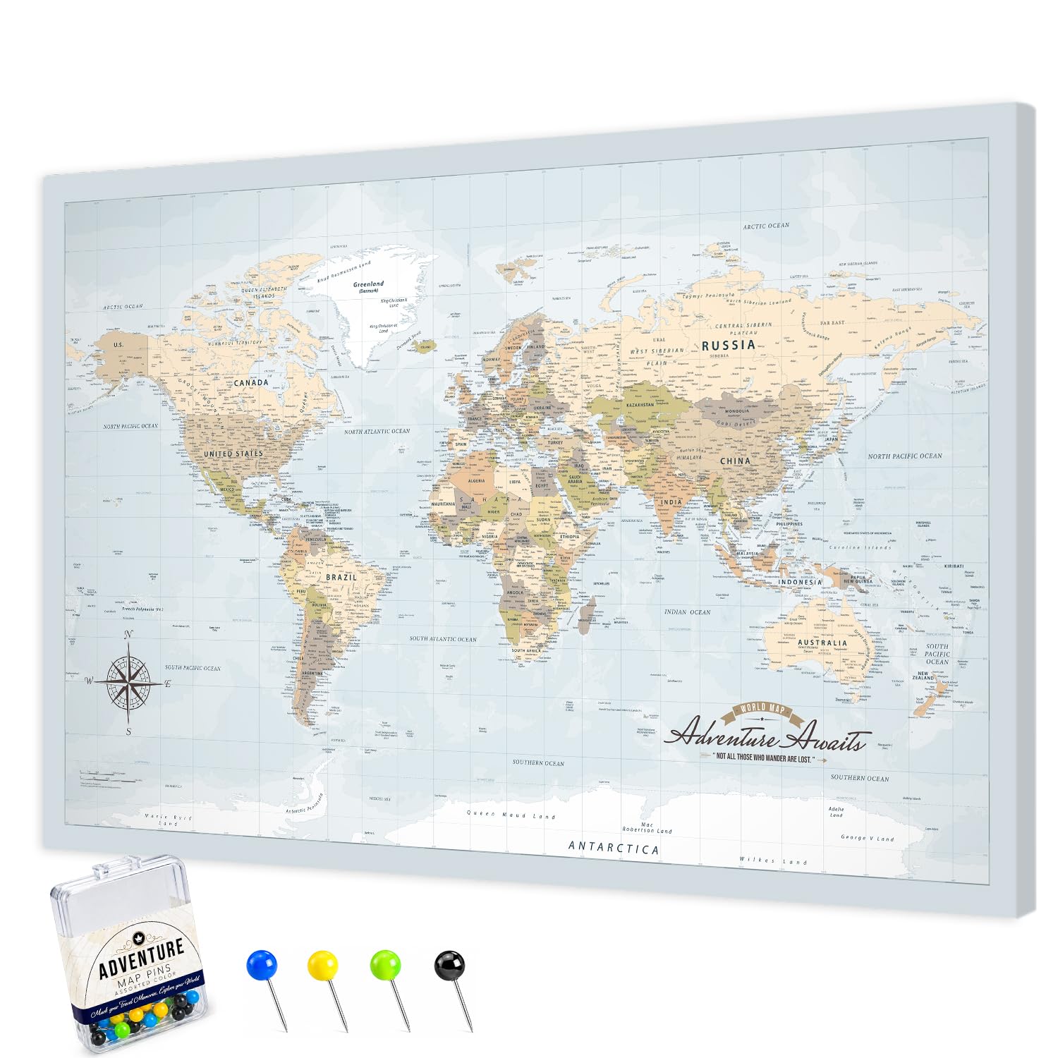 IPIC Blue Ocean World Travel Map with Pins, World Map Pin Board, 42x28 in