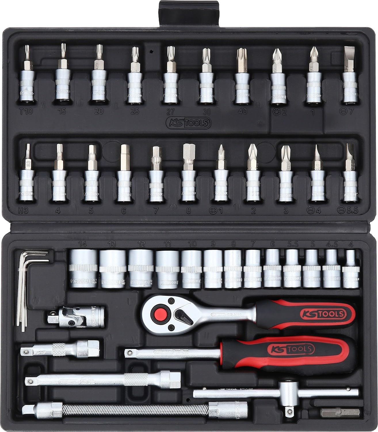 KS TOOLS 911.0646, Caisse à Outils en Coffret de Douille et Accessoires Compacte, Outillage Mécanique Chrome Mat avec Clé à Cliquet 1/4", Assortiment Varié au Profil F6-46 Pièces Argent/Noir/Rouge