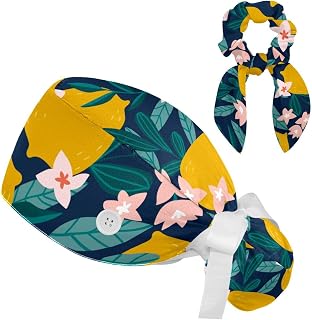FVQL 2 Pieces Surgical Cap for Long Hair Scrub Cap with Hairband Nurse Cap, Flower Leaf and Lemon Fruit