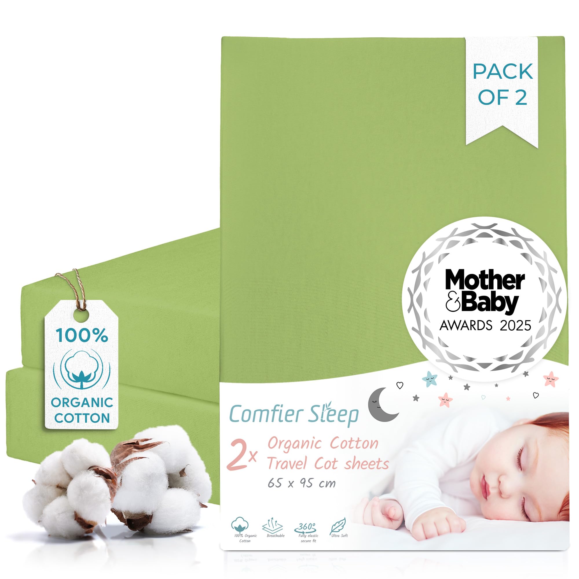 Green Travel Cot Sheets 95x65 cm - 2 Pack Organic Cotton Fitted Sheet- Soft Breathable Bedding for Standard Travel Cot Mattress