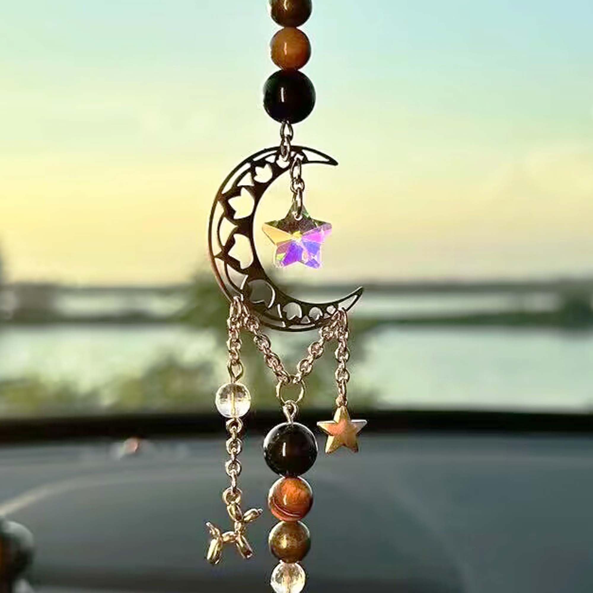 Crystal Moon And Star Charm, Hanging Car Charm Sun Catcher, Rearview Mirror Charm With Crystals