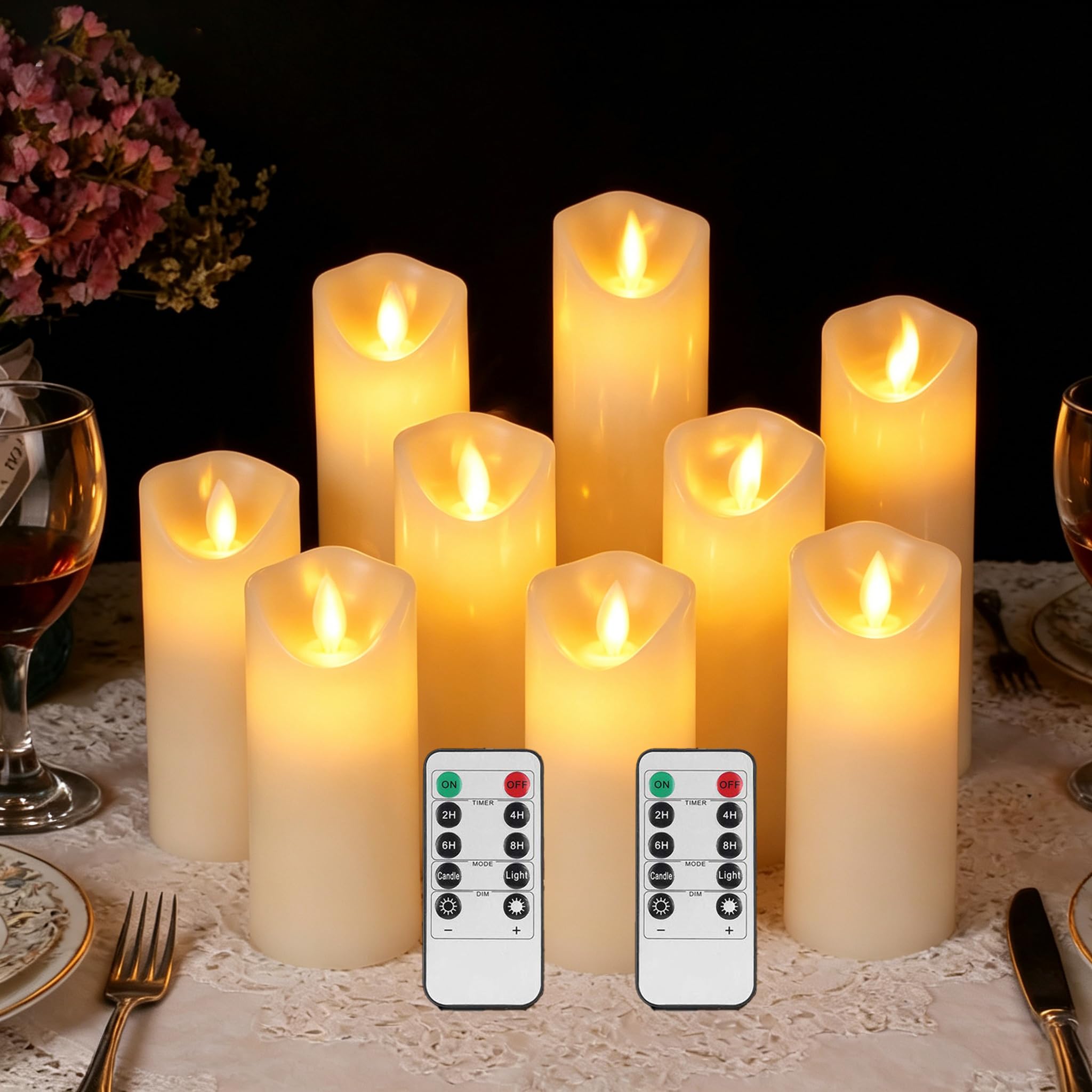 VETOUR Candele elettriche a LED senza fiamma: 9 candele elettriche a batteria H5 "6 "7" 8 "9" D2.2 "Candele elettriche tremolanti in vera cera con telecomandi e timer per Chris Halloween Decor