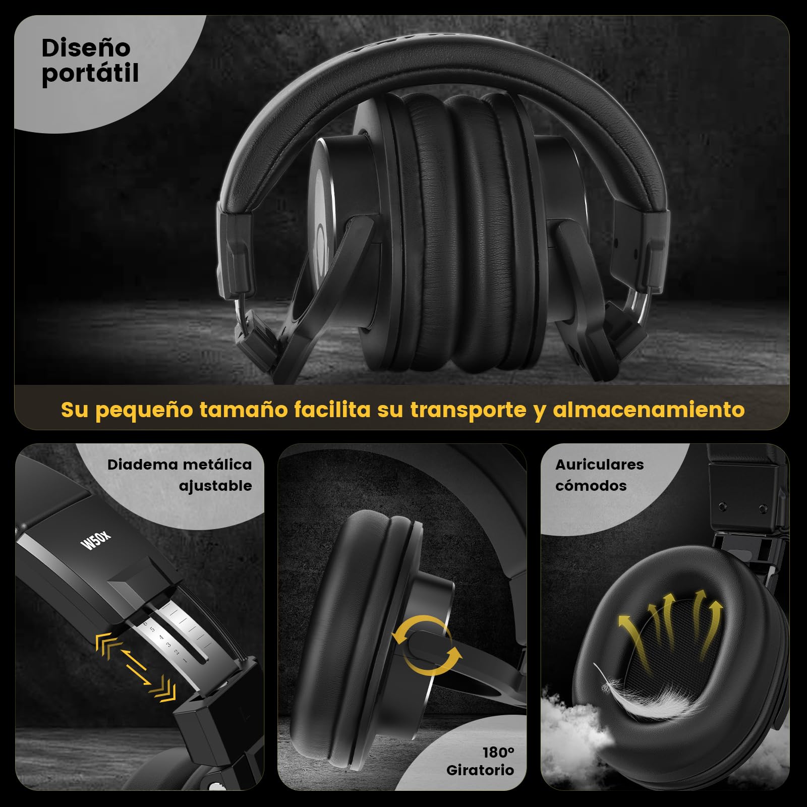 Talomen W50X Auriculares DJ con Cable de ruido,Auriculares de estudio para dj,auriculares con 50mm Controladores, 3.5 y 6.35mm Conector de Audio para PC AMP Grabación de Teléfono Piano Guitarra, Negro