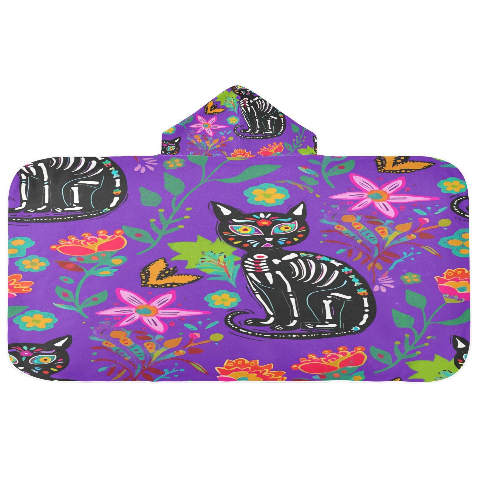 BOESI Doodle Cat and Flowers Kids Hooded Bath Towel, Pool Beach Towel, Kids Hooded Towel, Soft and Comfortable, Absorbent and Quick Drying