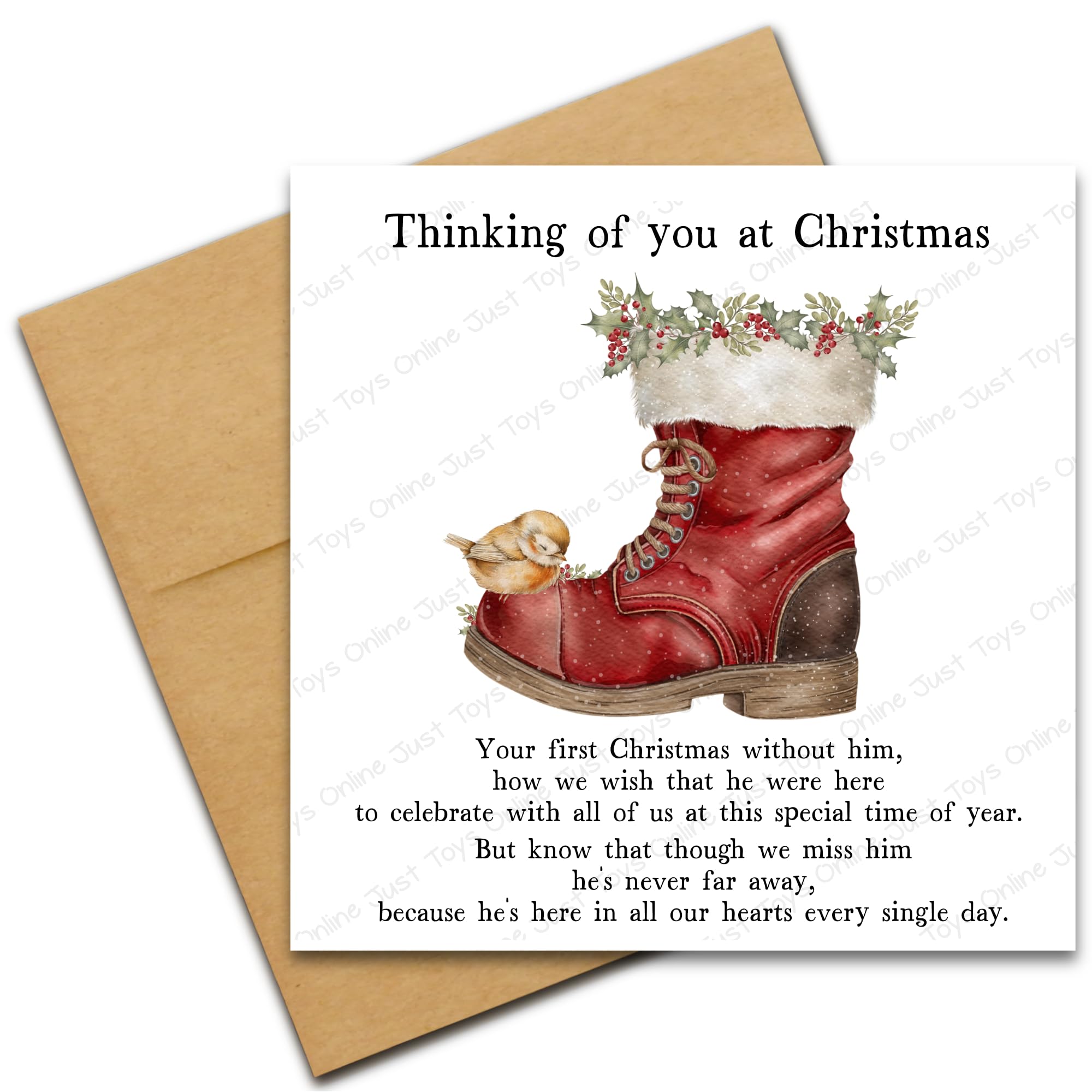 Thinking of You Christmas Card, Memorial Loss Sympathy Christmas Card, Robin on Boot with Poem Verse, First Christmas Without Loved One, Male Wording