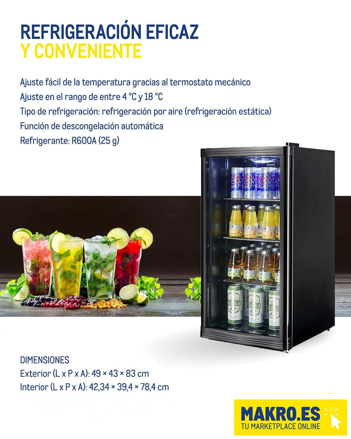 METRO Professional Mini Frigorífico GPC 1088, nevera pequeña con puerta de cristal, 88 L, negro, 1.052 kWh/24h, con estante ajustable para gastronomía, restaurant, tiendas