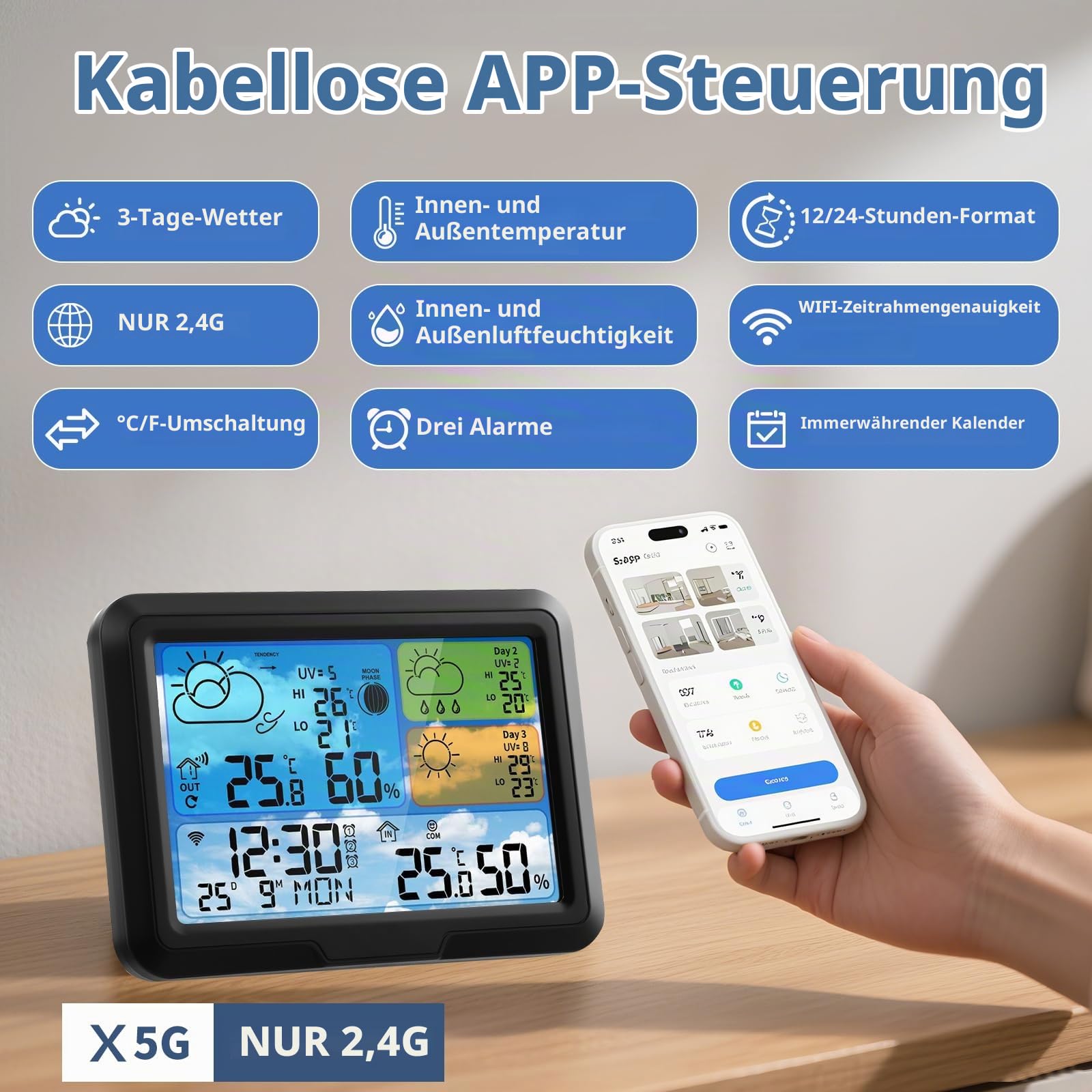 Wetterstation Wlan,Mit Außensensor & Wettervorhersage,Mit App Tuya Und Smartlife,Digital Farbdisplay,Batteriebetrieb Und Netzbetrieb,Wetterstation Funk Mit Außensensor Für Innen Und Außen