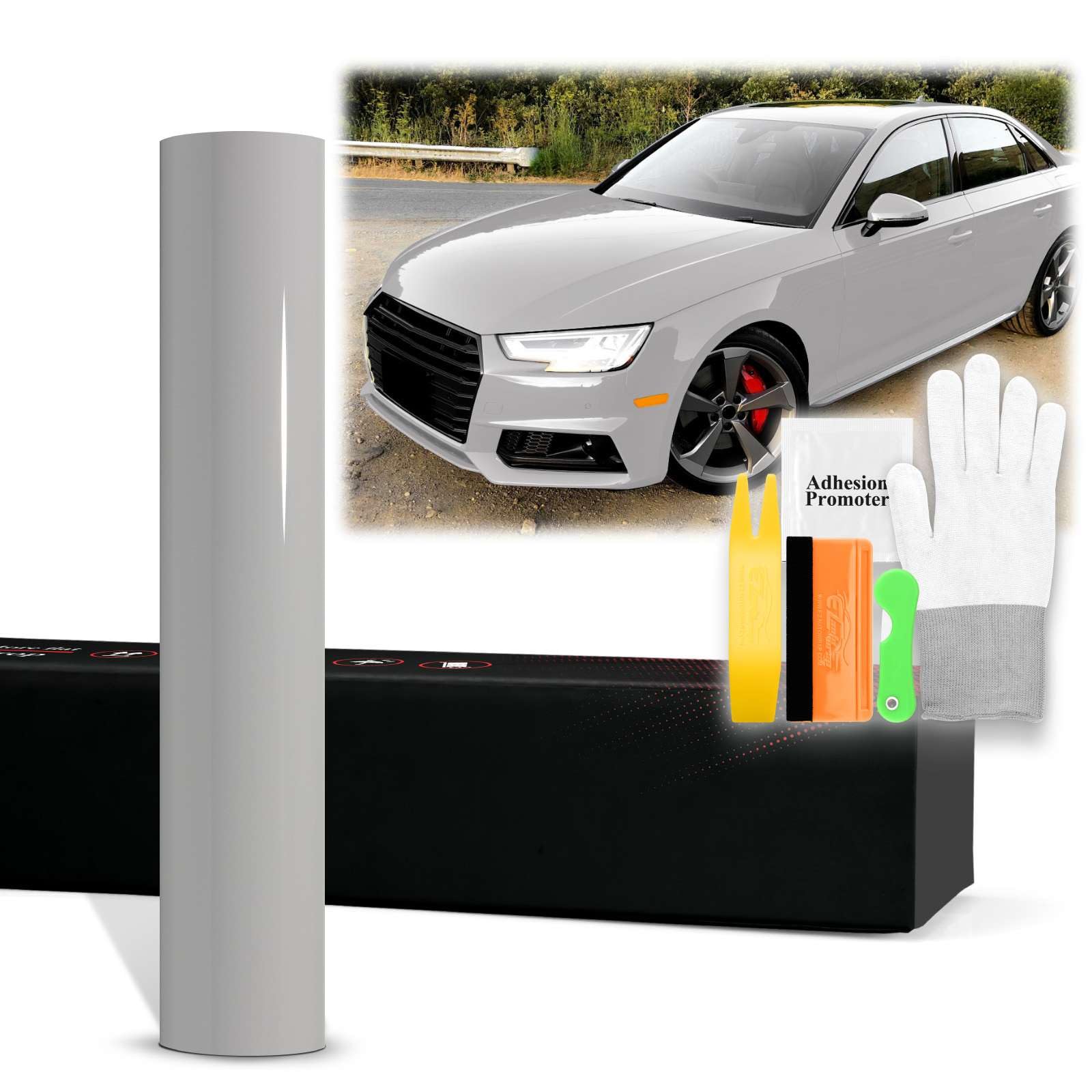Film vinyle voiture anti bulles gris nardo clair avec outils d'application - 8