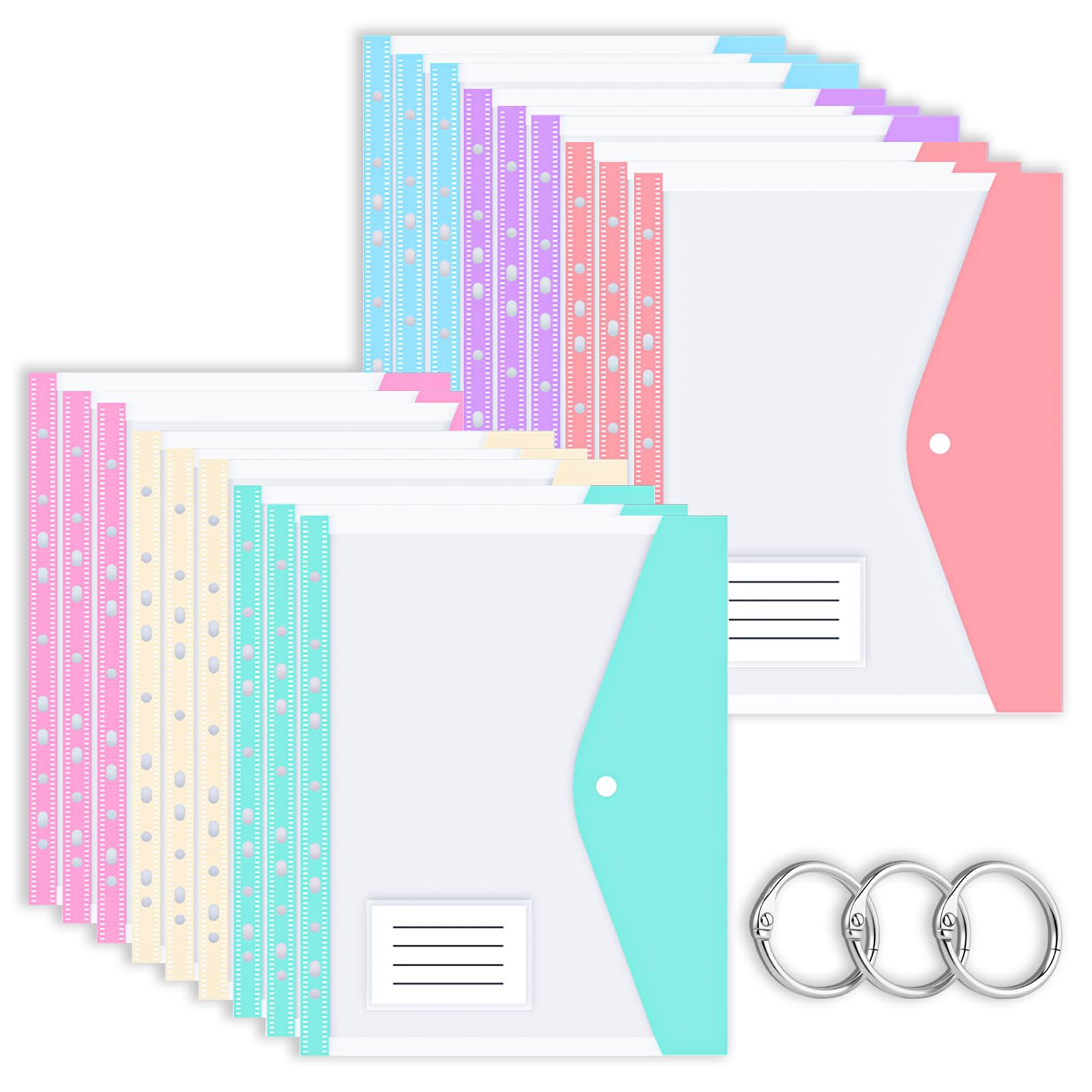 Punched Pockets A4, 18 Pack 6 Macaron Coloured Plastic Wallets with Popper Closure, Document Wallets with Label Pocket, Waterproof Expandable Punched Pockets for School, Office, Home & Ring Binders