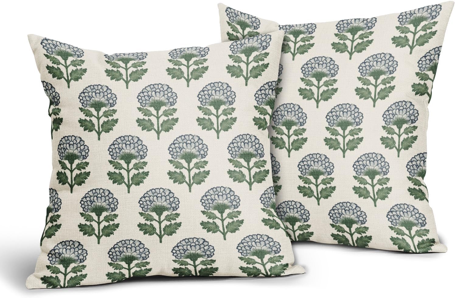 Blue Green Floral Block Print Pillow Covers 24x24 Set of 2 Flower Pattern Cream Spring Summer Decorative Throw Pillowcases Outdoor Rustic Farmhouse Cushion Cases Decor for Home Couch Sofa Bed