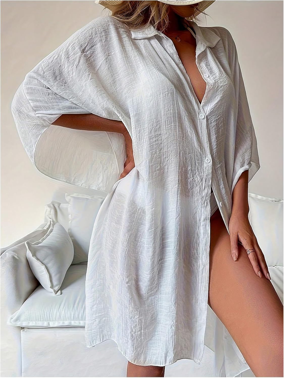 SHENHE Women's Swimsuit Cover Up Oversized Button Down Beach Shirt Bathing Suit Coverup Dress