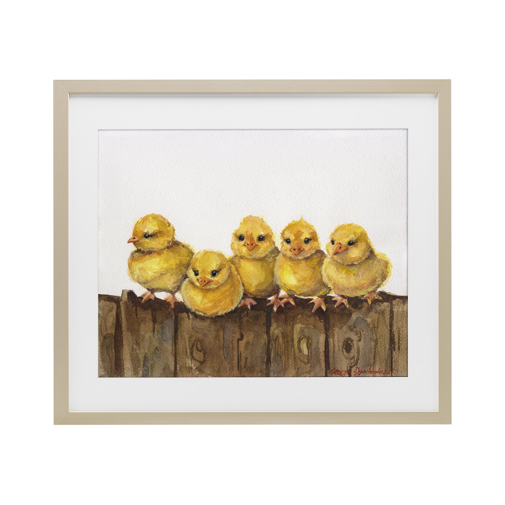 Stupell Industries 'Chicks on the Fence', Framed Print Under Glass, Brown, 21 x 17 Inches, Easy to Hang and Sturdy, Made in USA, by George Dyachenko